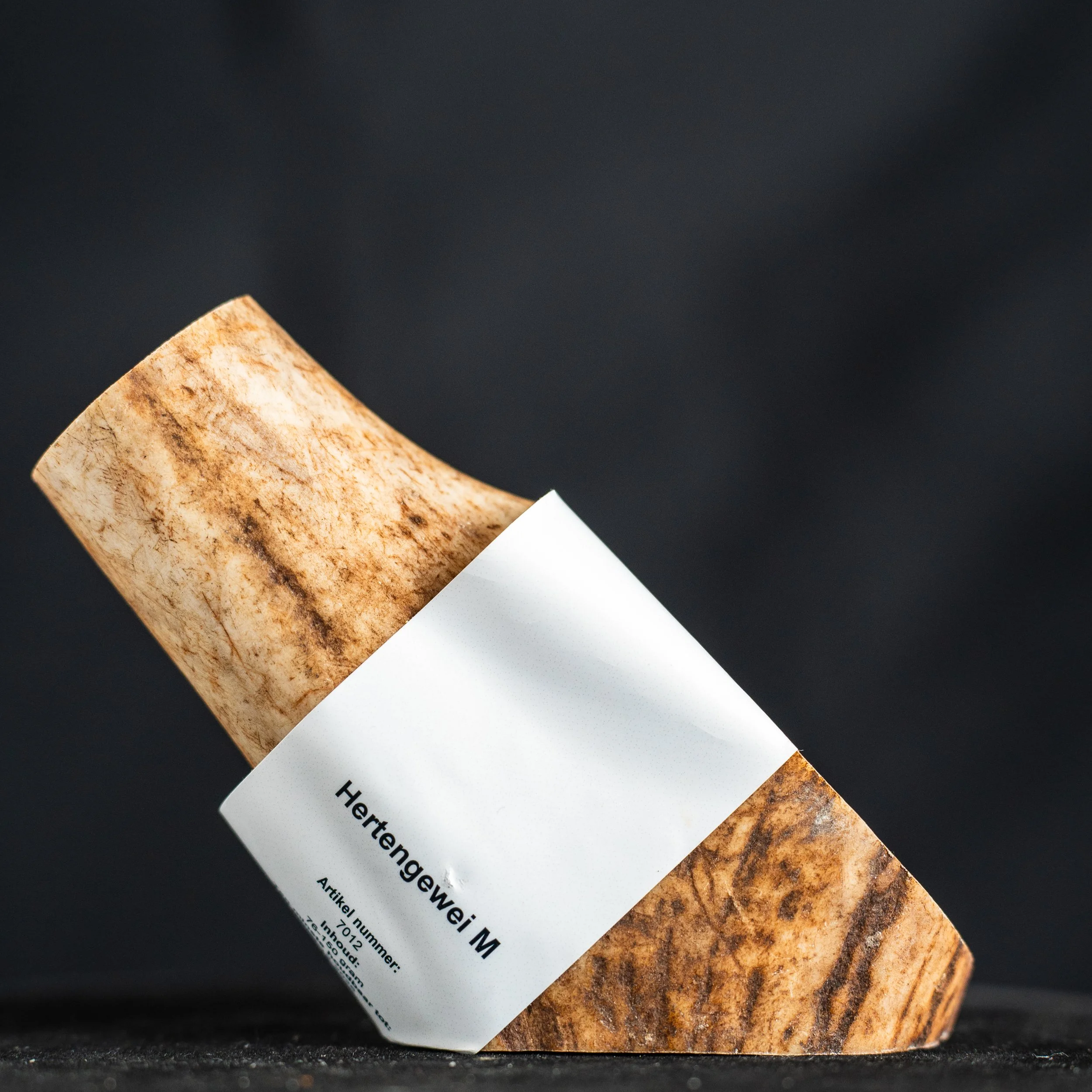 Close-up of a petrified wood sample with a white label, against a dark background.