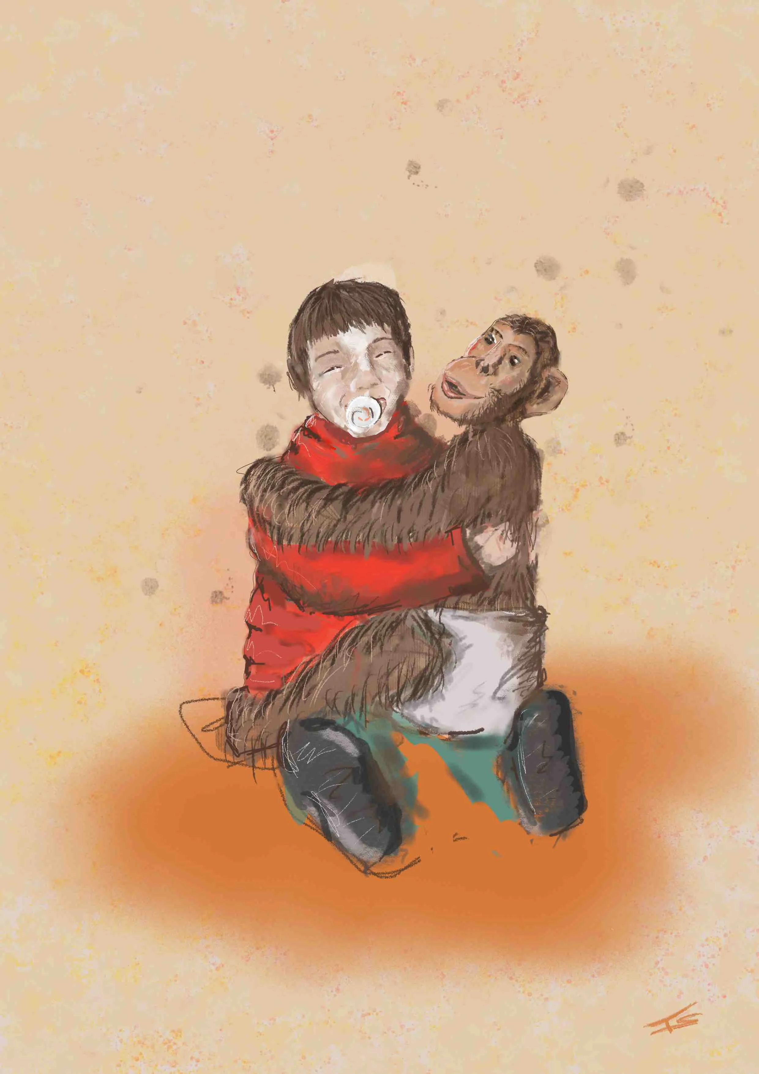 Drawing of a boy with a pacifier hugging a person in a monkey costume against a beige background with scattered spots.