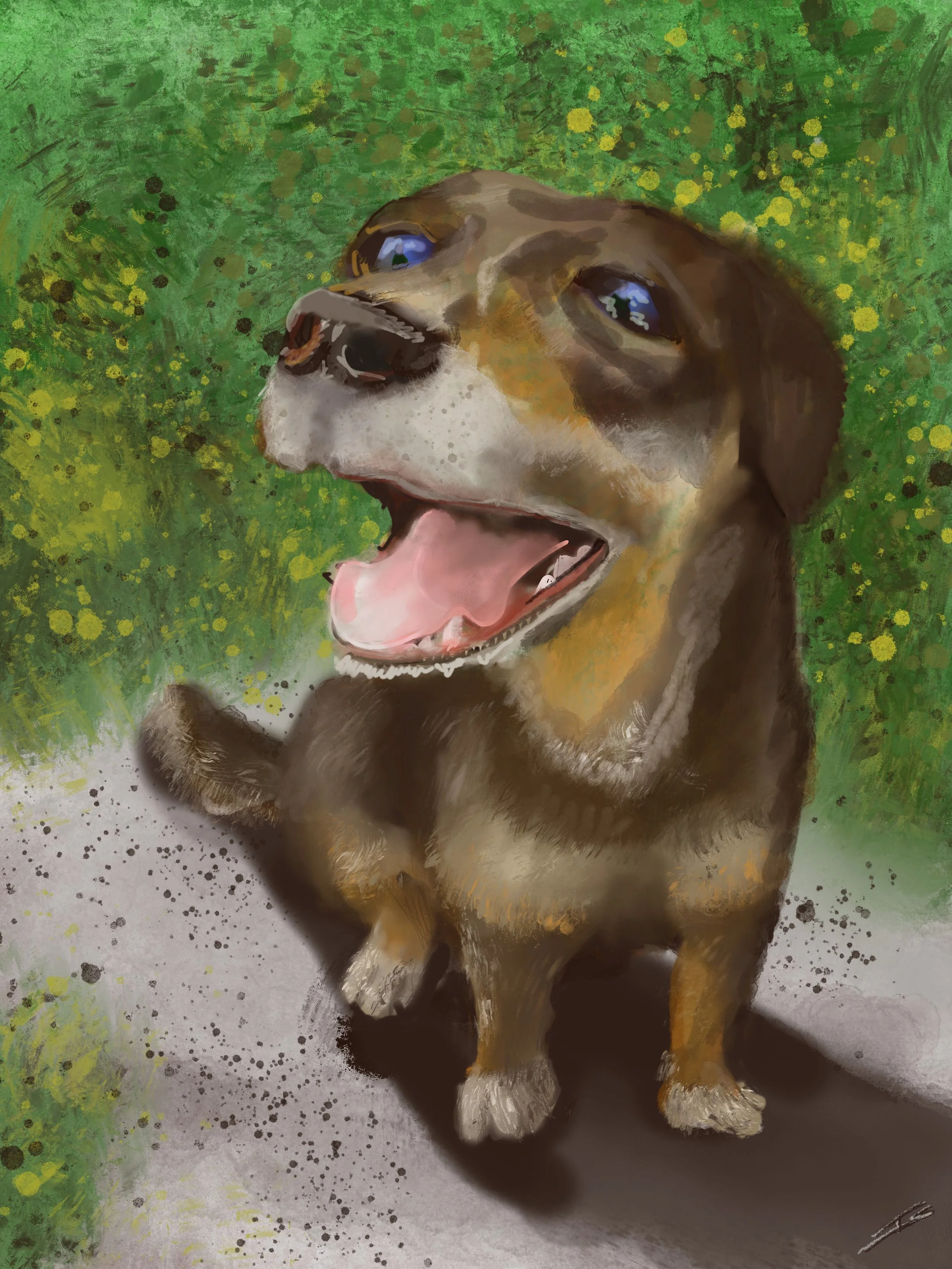 A cheerful, cartoon-style illustration of a happy dog with an open mouth, showing tongue and teeth, sitting on a grassy area with green foliage in the background.