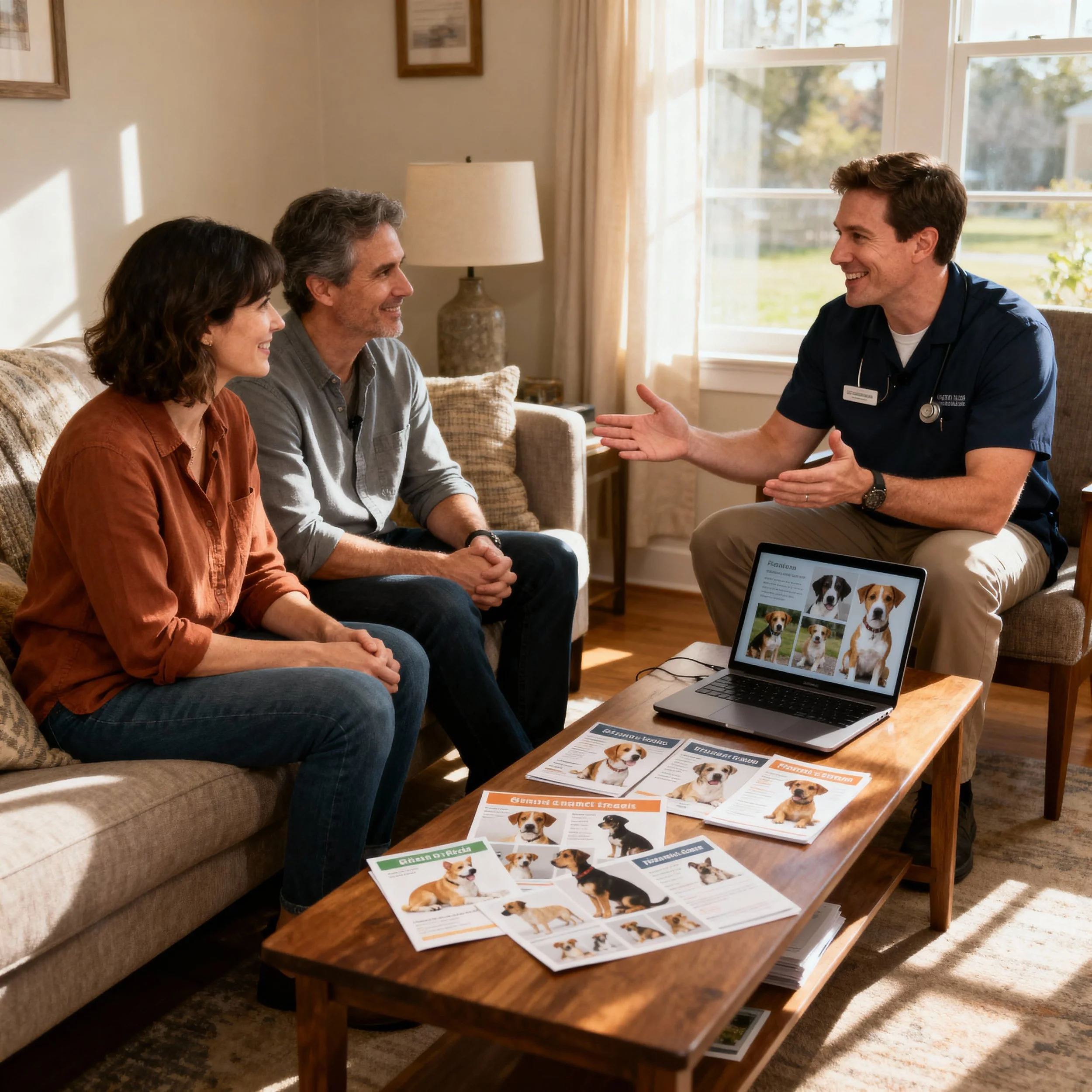A veterinarian consulting with a couple about dogs, with information and pictures of dogs on a laptop and flyers on a coffee table.