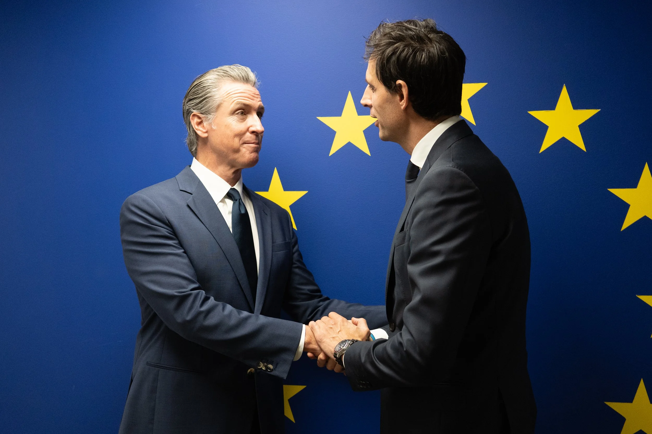 Two men in suits shaking hands in front of a blue background with yellow stars, representing the European Union flag.