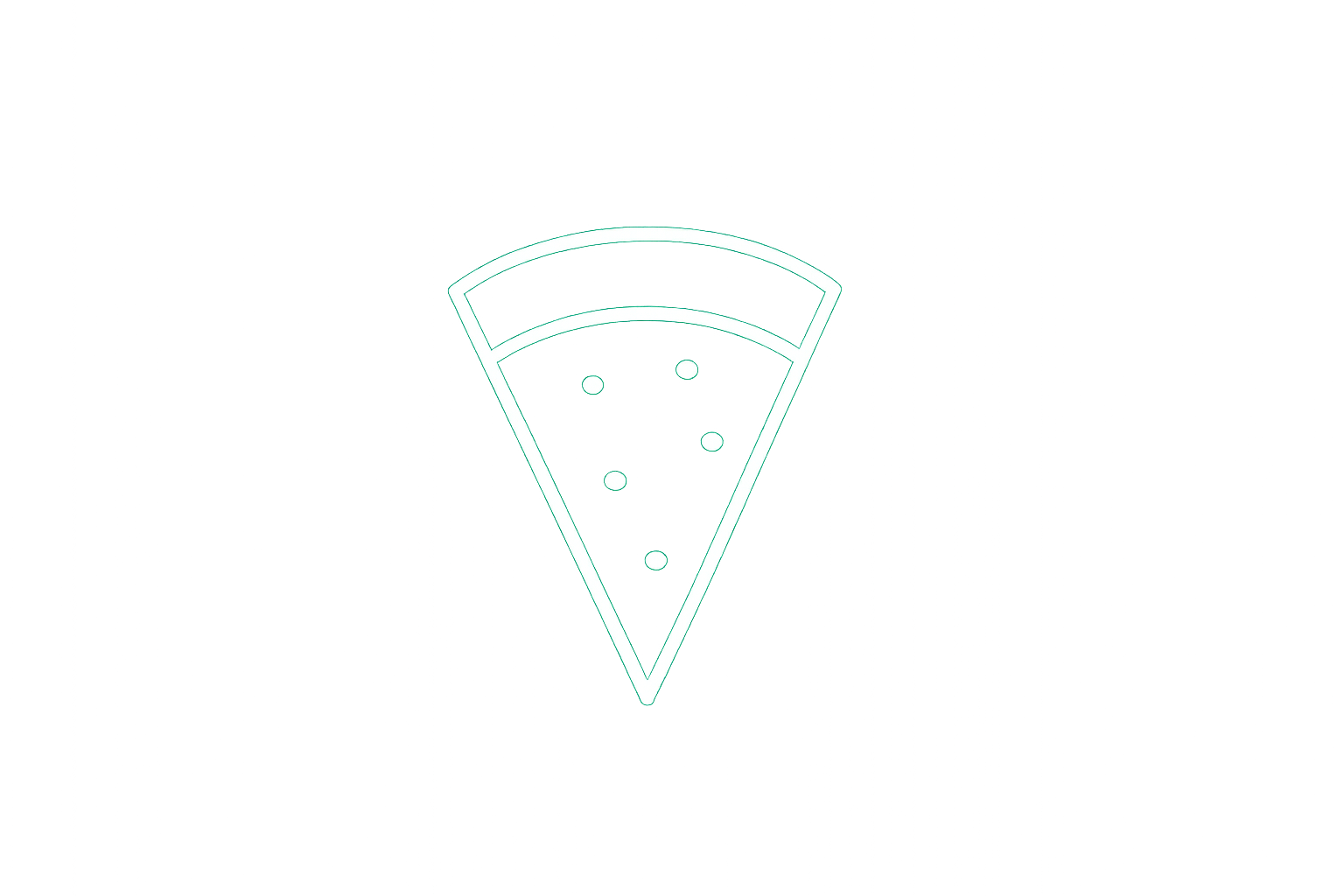 Neon outline of a pizza slice with six circular toppings on a black background.
