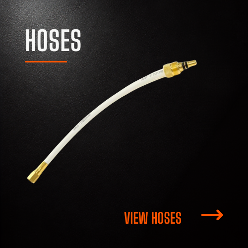 A white flexible hose with brass fittings on each end, labeled as 'HOSES' on a black background.