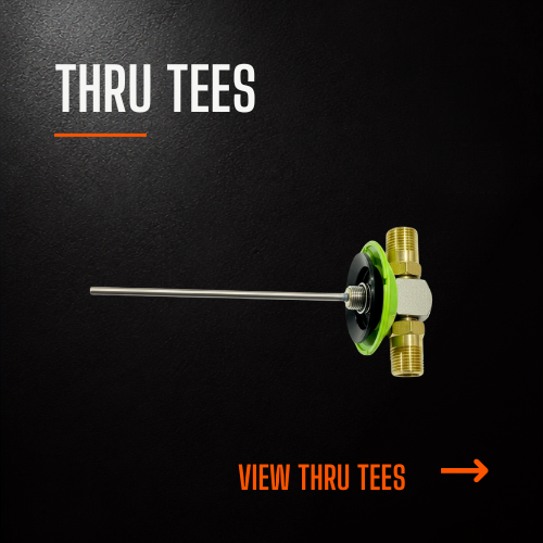 A valve with a long metal stem, attached to a green and gold fitting, on a black background with white and orange text promoting through tees.