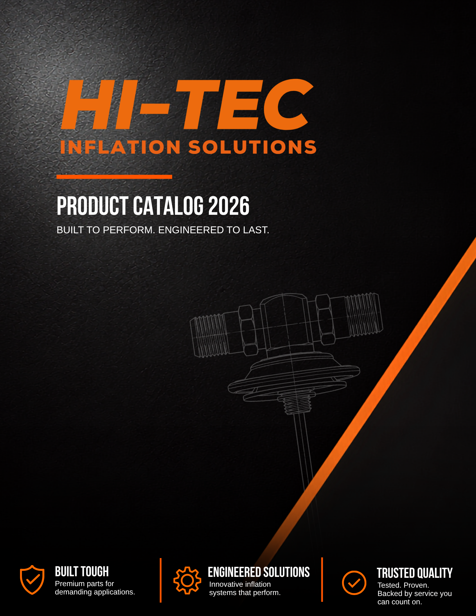 Product catalog cover for HI-TEC Inflation Solutions, 2026 edition, featuring text about durability, engineering, and quality assurance, with a technical illustration of a component at the bottom.