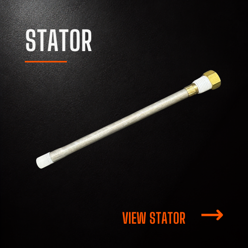 A metallic automotive part, labeled "Stator," with a gold-colored connector at one end and a white connector at the other, on a black background.