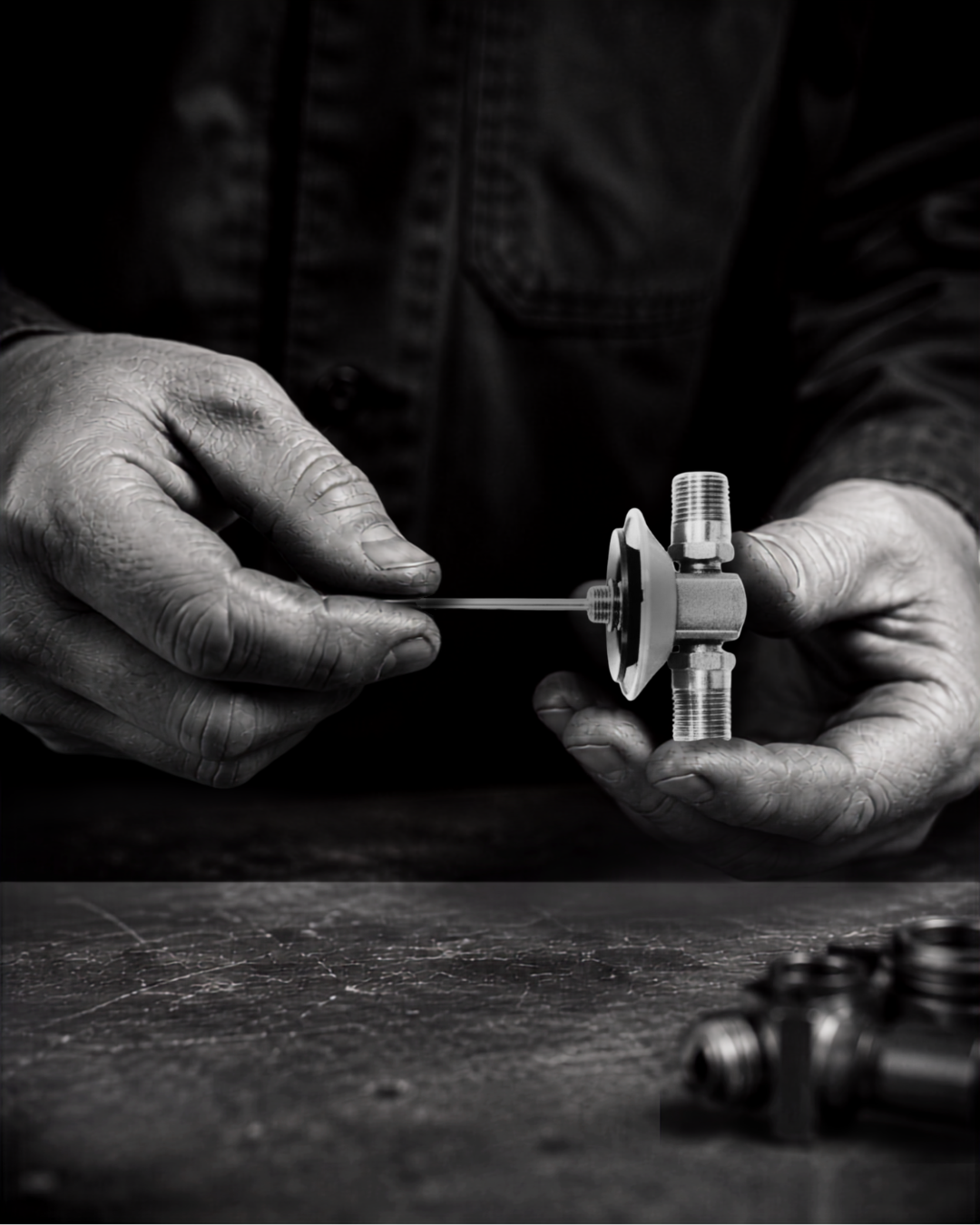 A person is assembling or repairing a mechanical component with their hands, working with a small metallic valve or fitting on a textured surface, with additional fittings nearby.