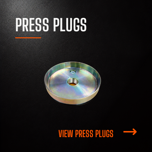 A metallic press plug with a central hole, placed on a black background. The text 'PRESS PLUGS' is at the top, and 'VIEW PRESS PLUGS' with an arrow is at the bottom in orange.
