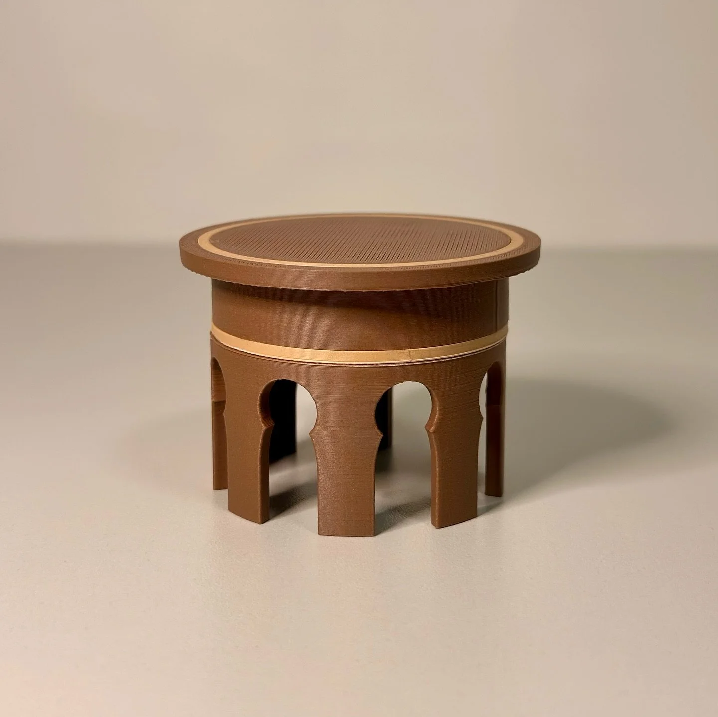 Modern Arabic style coffee tables.

i&rsquo;ve been experimenting with mixing some traditional arabic / islamic style pieces with a more modern look. this was my first bit of experimenting, where i 3D printed the original table design in 3 parts and 