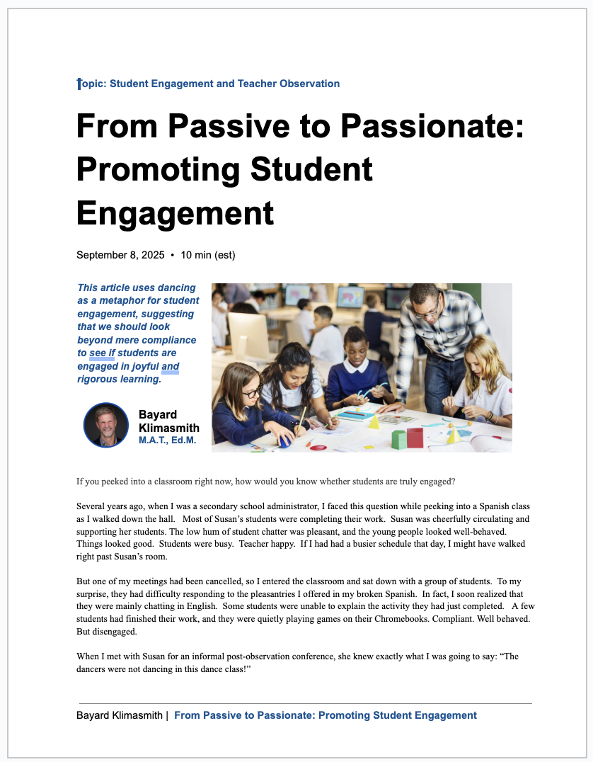 STUDENT ENGAGEMENT ARTICLE: This article uses dancing as a metaphor for student engagement, suggesting that we should look beyond mere compliance to see if students are engaged in joyful and rigorous learning.