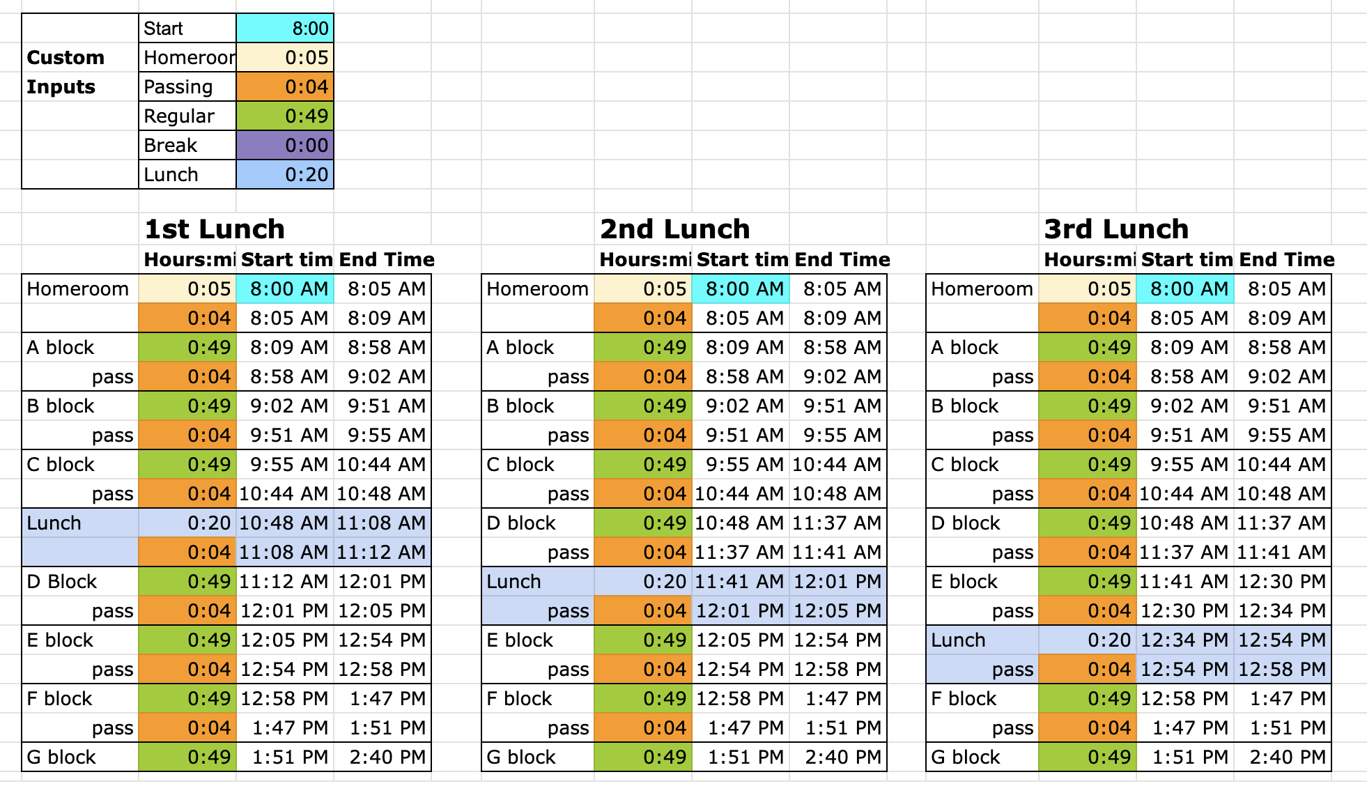 BELL SCHEDULE CALCULATOR: Handy spreadsheet that makes it easy to calculate bell schedules and/or make adjustments for changes to the schedule (e.g., snow days)