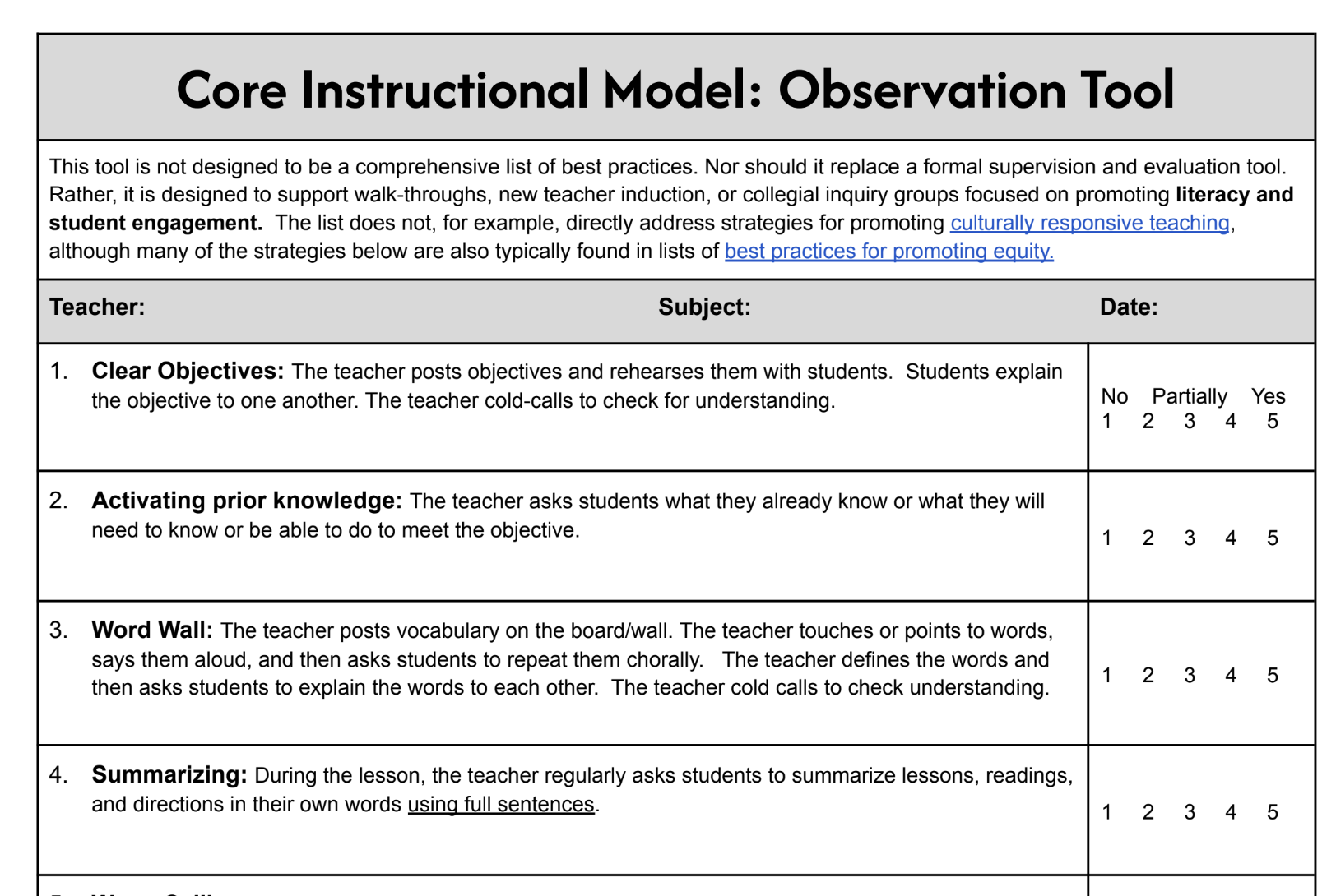 Core Instructional Model: Observation Tool designed to support walk-throughs, new teacher induction, or collegial inquiry groups focused on promoting literacy and student engagement.