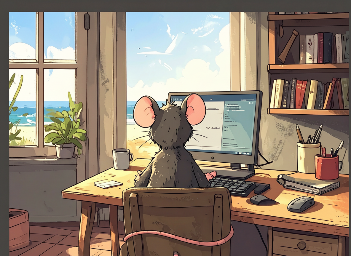A computer mouse on a book and a mug on a wooden desk with a mouse, keyboard, and two cups on it, facing a window with a view of the ocean and sky, with a bookshelf on the right and a potted plant on the left.