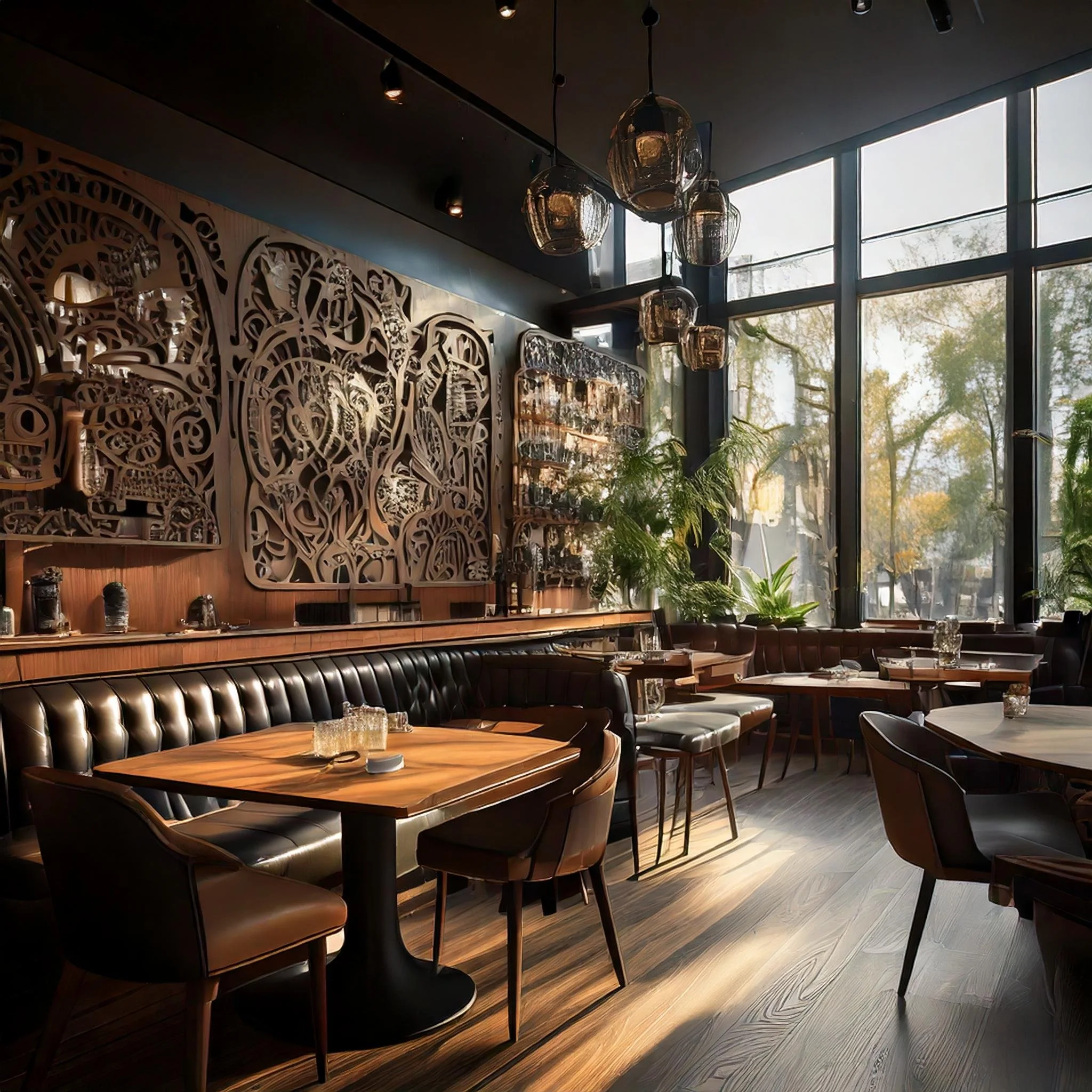 Firefly black and small amount of dark wood grain restaurant interior with modern design, large wind.jpg