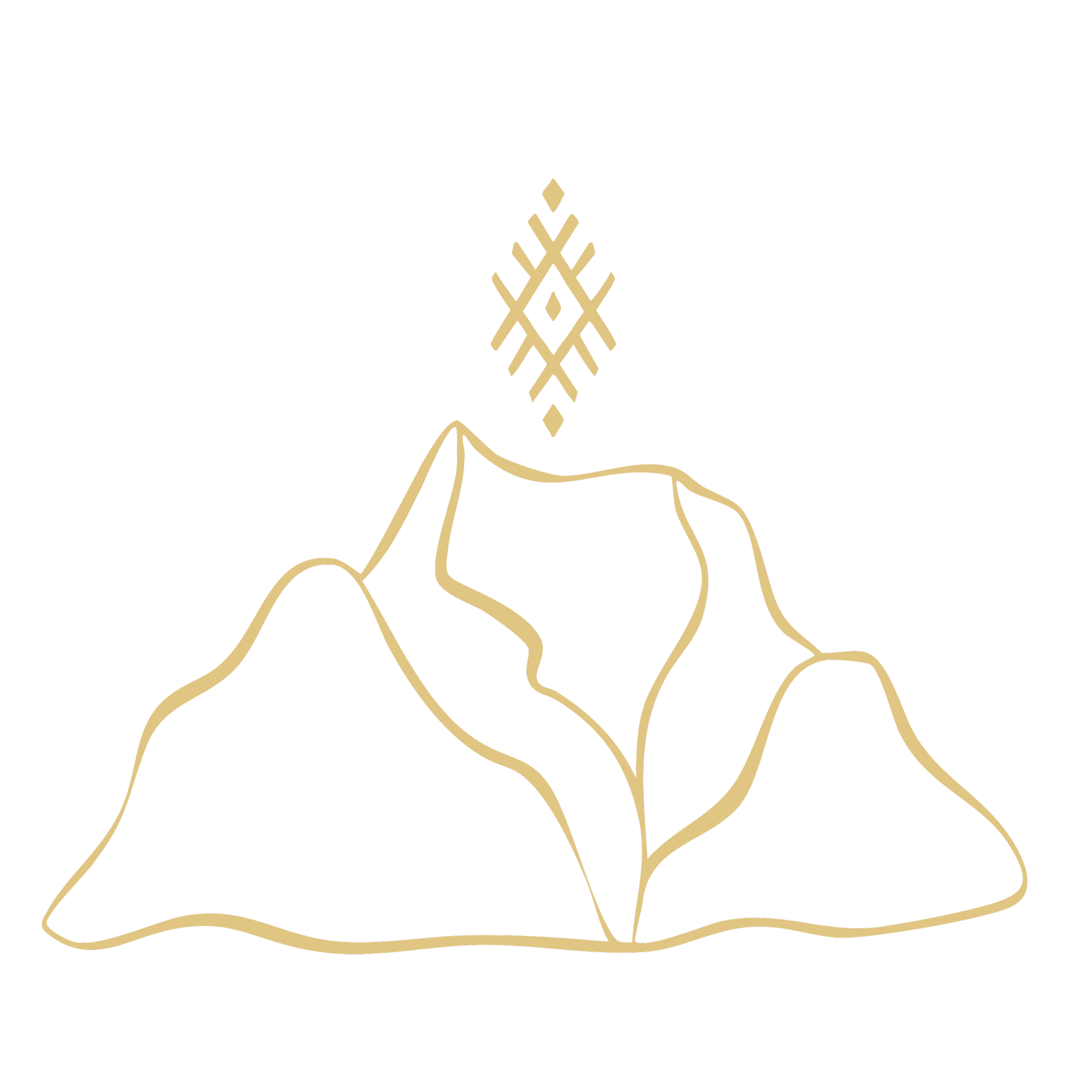 A minimalistic line drawing of mountain peaks with a geometric pattern above them, all in gold on a black background.