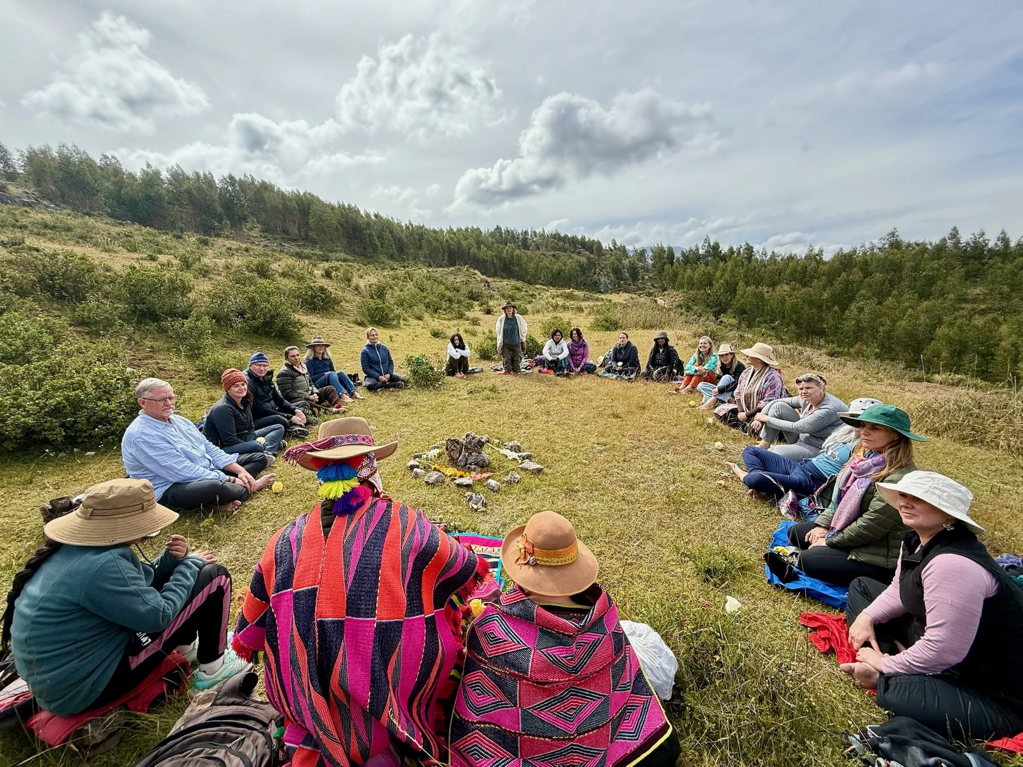 Group of people sitting in a circle outdoors on grassy field with cloudy sky and trees in the background.
