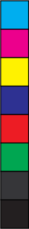 Vertical strip of CMYK printing colors, including pink, blue, magenta, yellow, purple, red, green, and black.