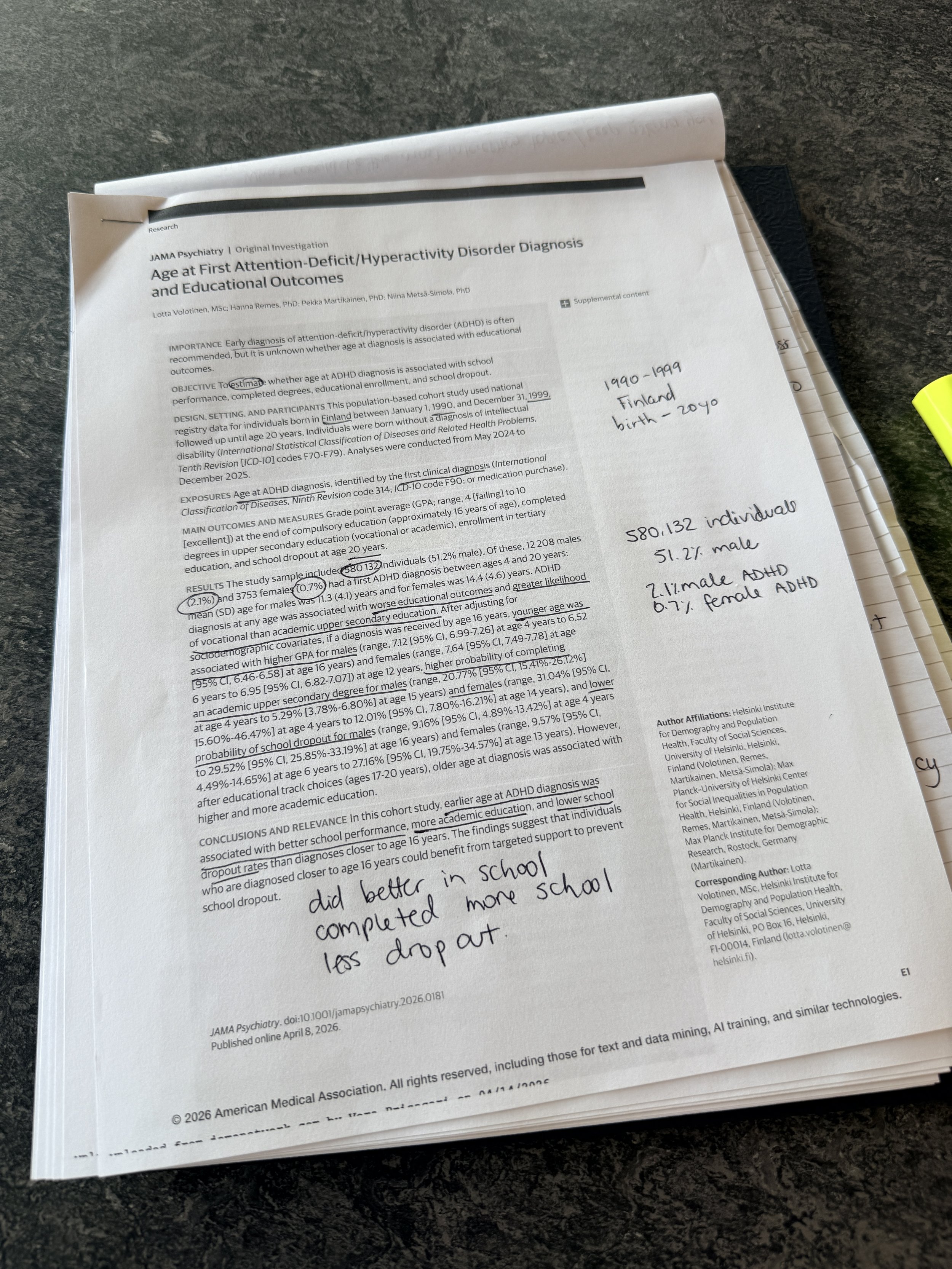 Results and discussion of recently published study on ADHD age of diagnosis effect on academic performance