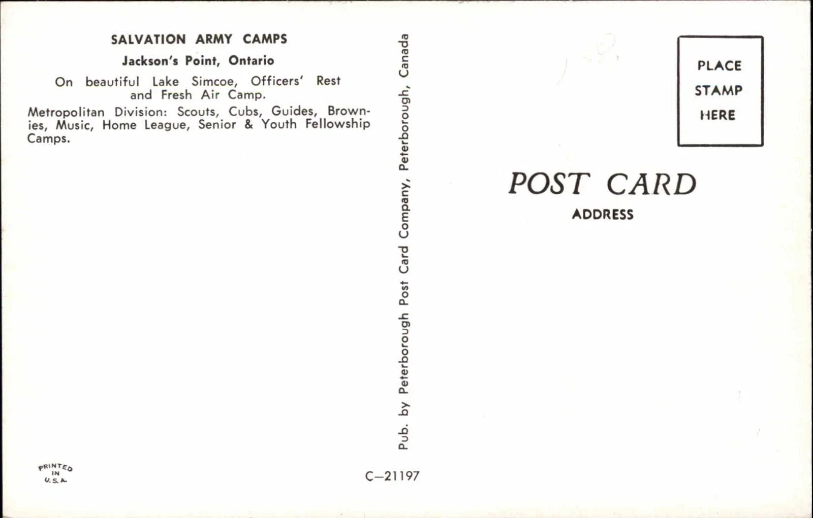 Back of postcard advertising Salvation Army Camps at Jackson's Point, Ontario, with details about activities, division, and publishing details.