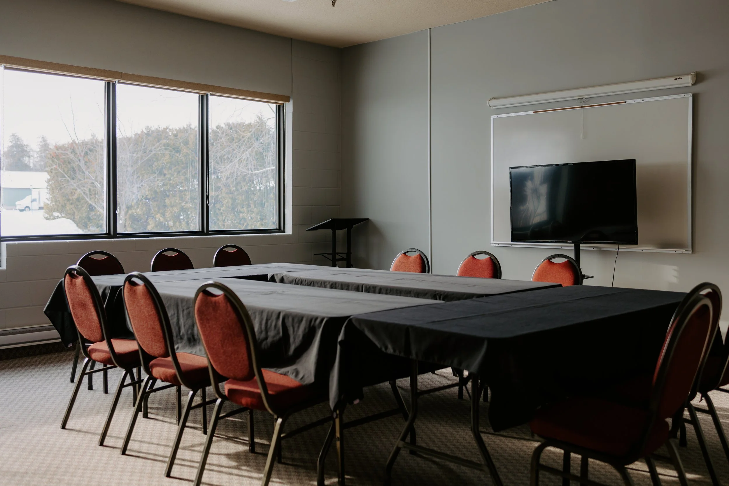 Empty conference room with six round tables draped in black tablecloths, surrounded by red upholstered chairs, large window with snow outside, TV on whiteboard, and a small window in the background.