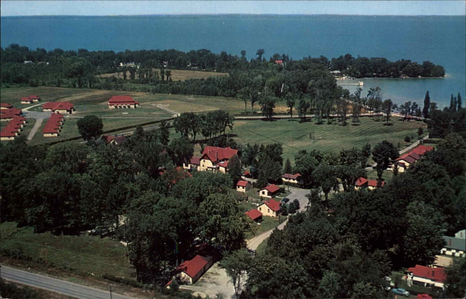Aerial view of a lakeside residential area with houses, trees, and boats on the water.