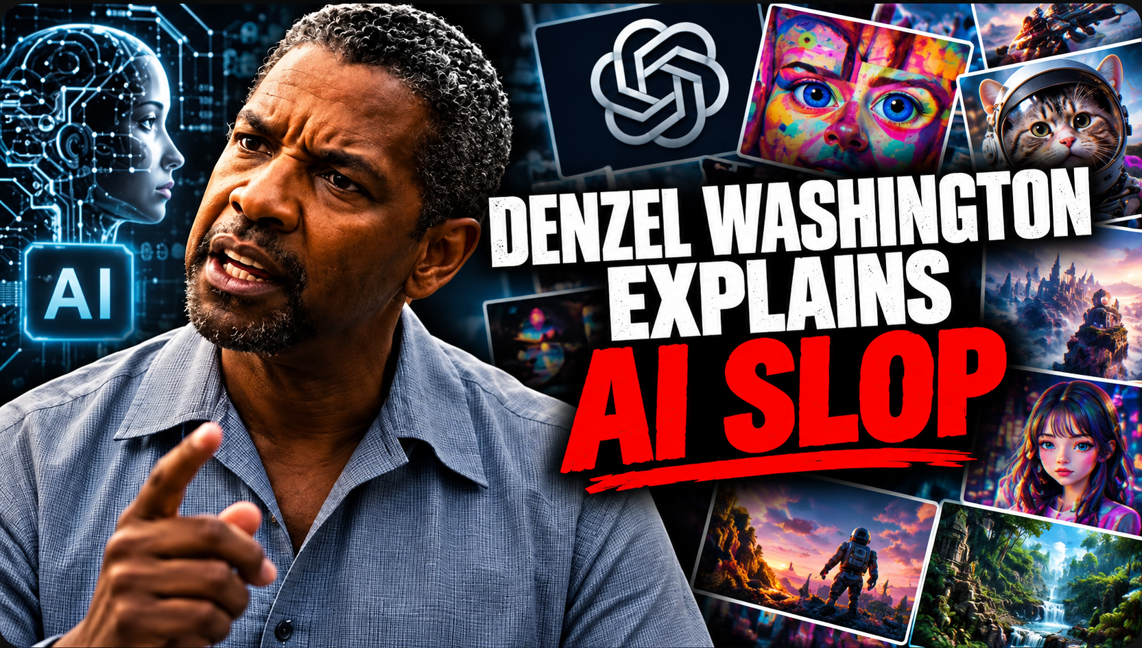 Thumbnail for a video thumbnail featuring Denzel Washington explaining AI slop. The image includes a close-up of Denzel Washington with a serious expression, collage of colorful digital art and fantasy scenes, a stylized AI icon, and various images of futuristic landscapes, digital art, and characters.