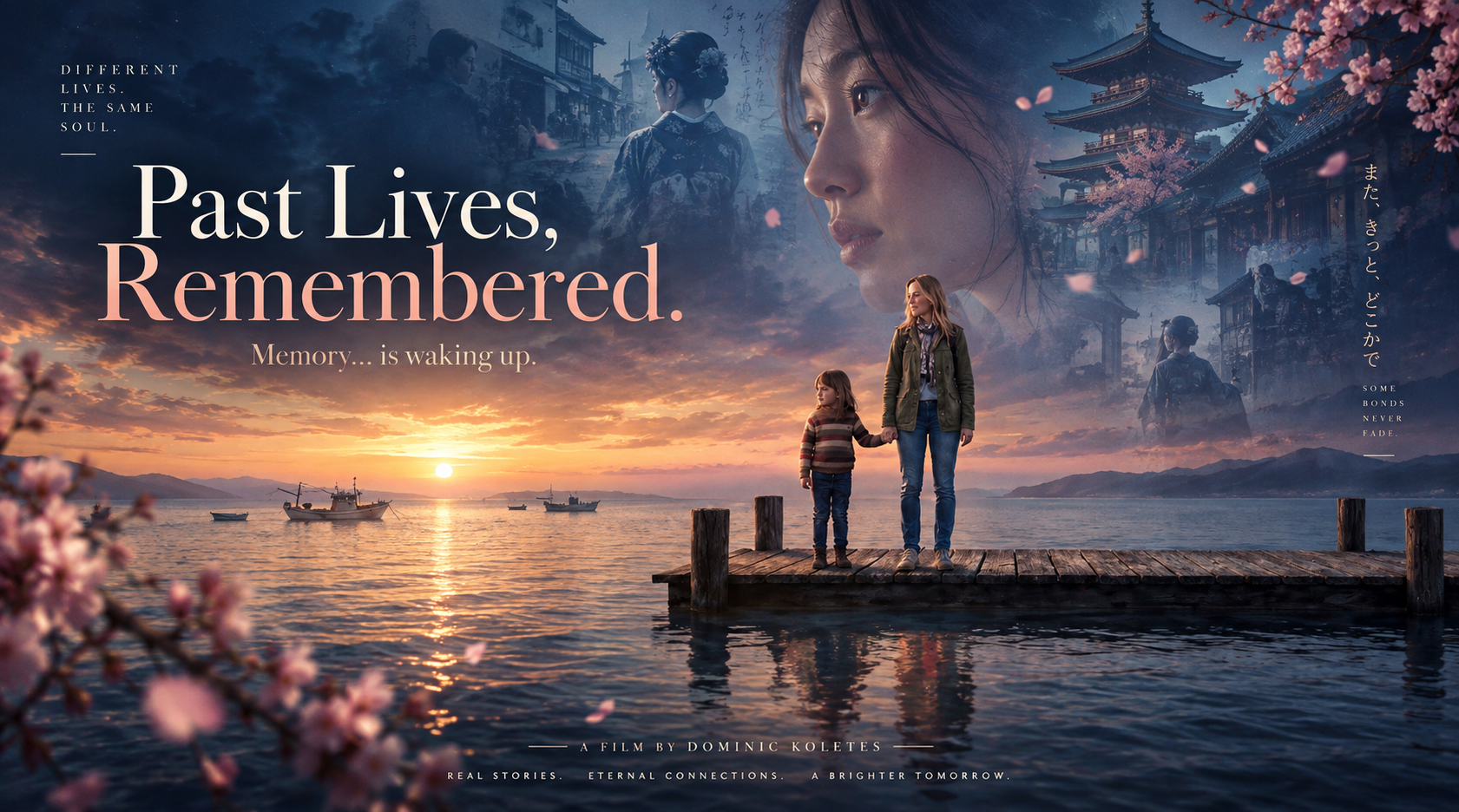Movie poster for 'Past Lives, Remembered' featuring a woman and a young girl holding hands on a dock at sunset, with a large transparent face of a woman and traditional Asian architecture in the background, along with blossoming flowers in the foreground.