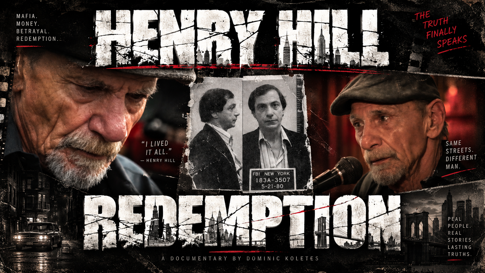 Poster for the documentary 'Heard the Bullet' featuring two elderly men, one on the left with a white beard and one on the right wearing a cap, with a black-and-white mugshot of a young man in the center, and cityscape images and barbed wire in the background. Text includes phrases about corruption, truth, and storytelling.