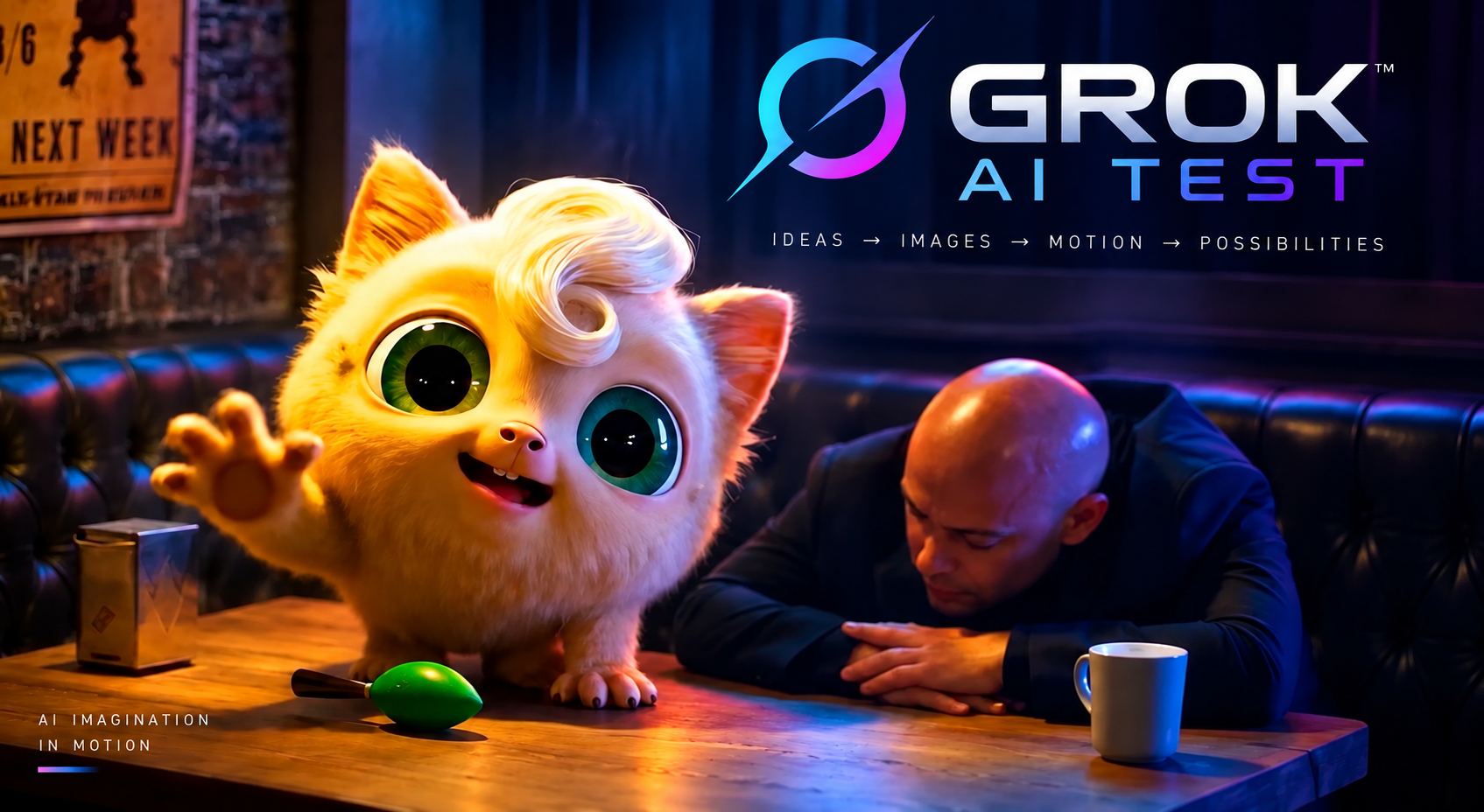 An animated creature with large green eyes, fluffy fur, and a white curl of hair waves at the camera while sitting at a table in a dimly lit room. Next to it, a bald man wearing a dark jacket leans on the table with his eyes closed. On the table are a cup, a small box, and a green object. In the background, there is a neon sign with the text 'GROK AI TEST' and a slogan 'Ideas → Images → Motion → Possibilities'.