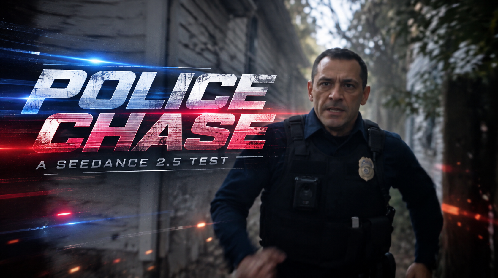 A police officer in uniform running outdoors with a serious expression. The scene is blurry with trees and a building in the background. The text overlay says 'Police Chase: A Seedance 2.5 Test' with dynamic red and blue streaks.