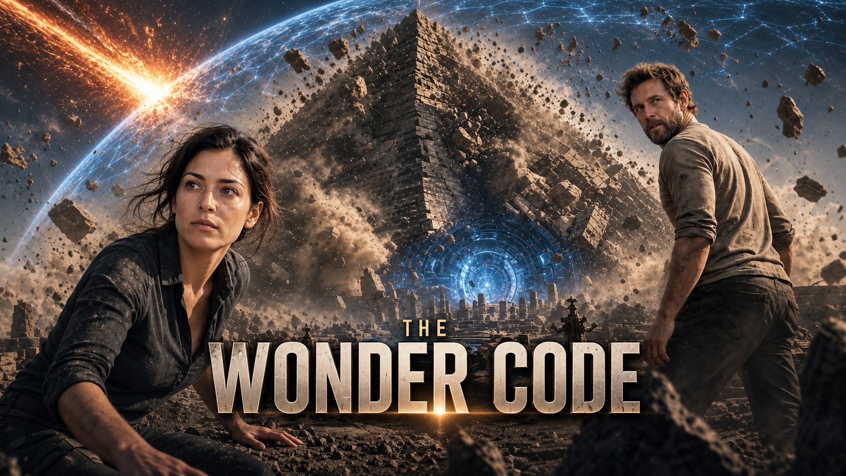 Promotional poster for the movie "The Wonder Code" featuring a woman and a man in dirty clothes, sitting on rocky terrain with a futuristic pyramid structure and cosmic elements in the background.
