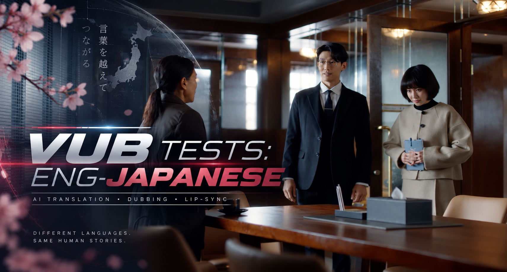 Three people in a modern office setting, two women and one man, engaged in conversation near a table with a tissue box and some folders. The background features wood-paneled walls and a large window, with signage promoting a Japanese language test with features like AI translation and lip-sync technology.