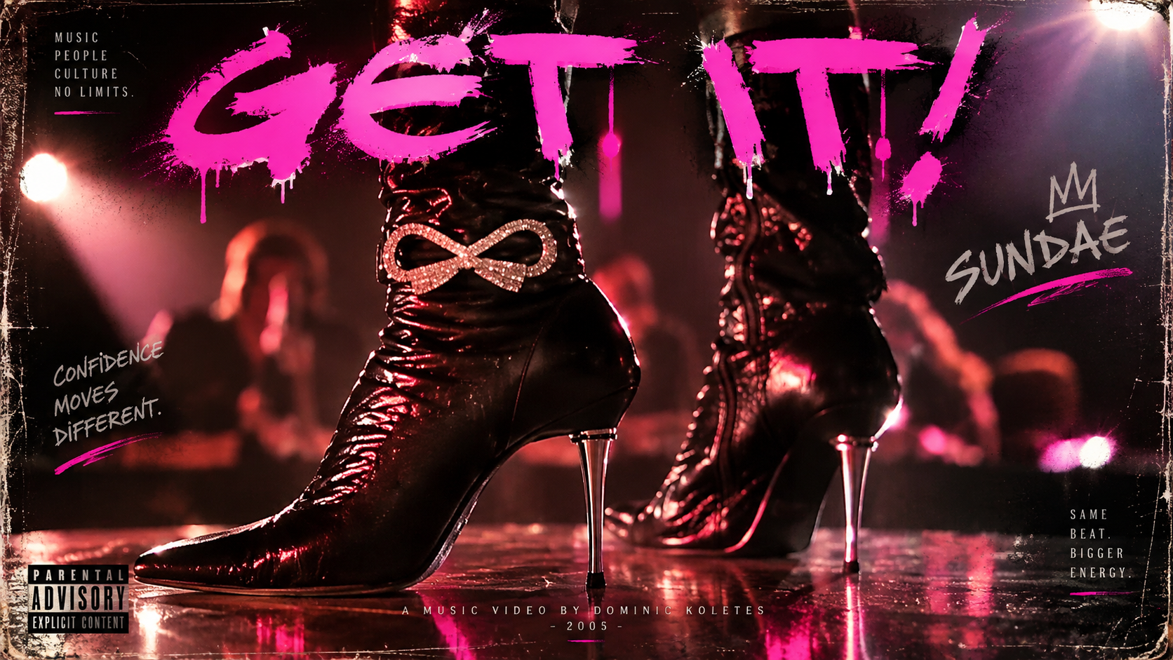 Close-up of black high-heeled boots with pink glittered infinity symbol on the side, on a stage with pink and purple lighting, with blurred audience in the background. Text overlays include "Get it!", "Confidence moves different," "Sundae," and "Music video by Dominic Koletes 2005."