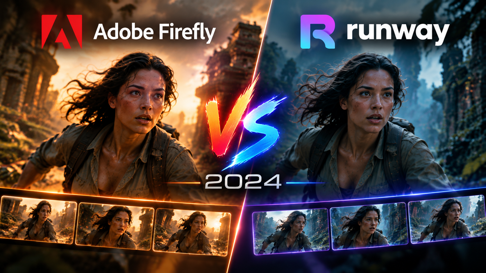 Comparison of two different digital rendering styles of a woman on a jungle trail with ruins, featuring the logos for Adobe Firefly and Runway, and a 2024 versus theme.