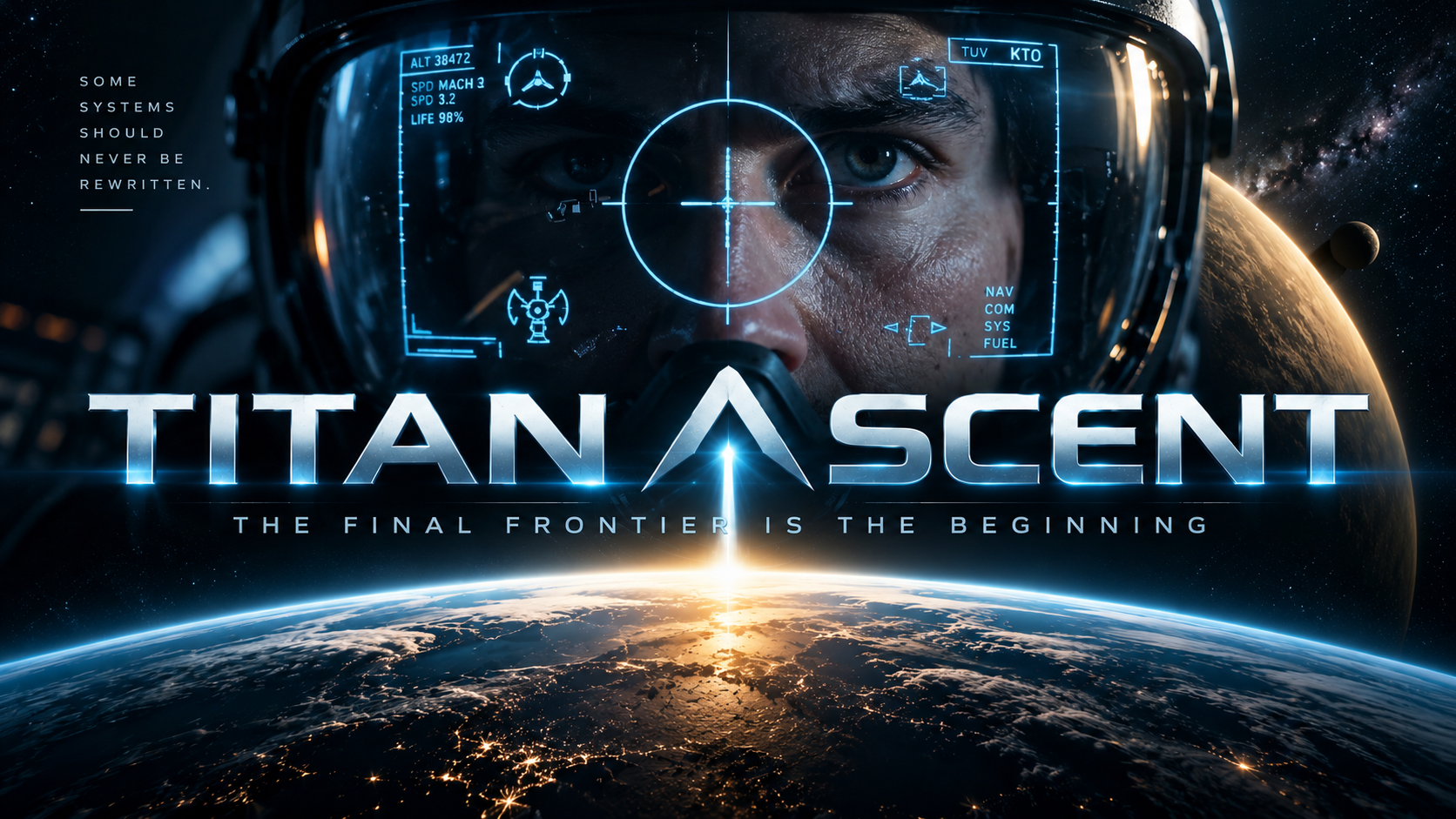 Futuristic space-themed graphic for the game Titan A Scent featuring a person's face wearing a space helmet with HUD displays, orbiting the Earth with stars and space background, and the tagline 'The final frontier is the beginning'.