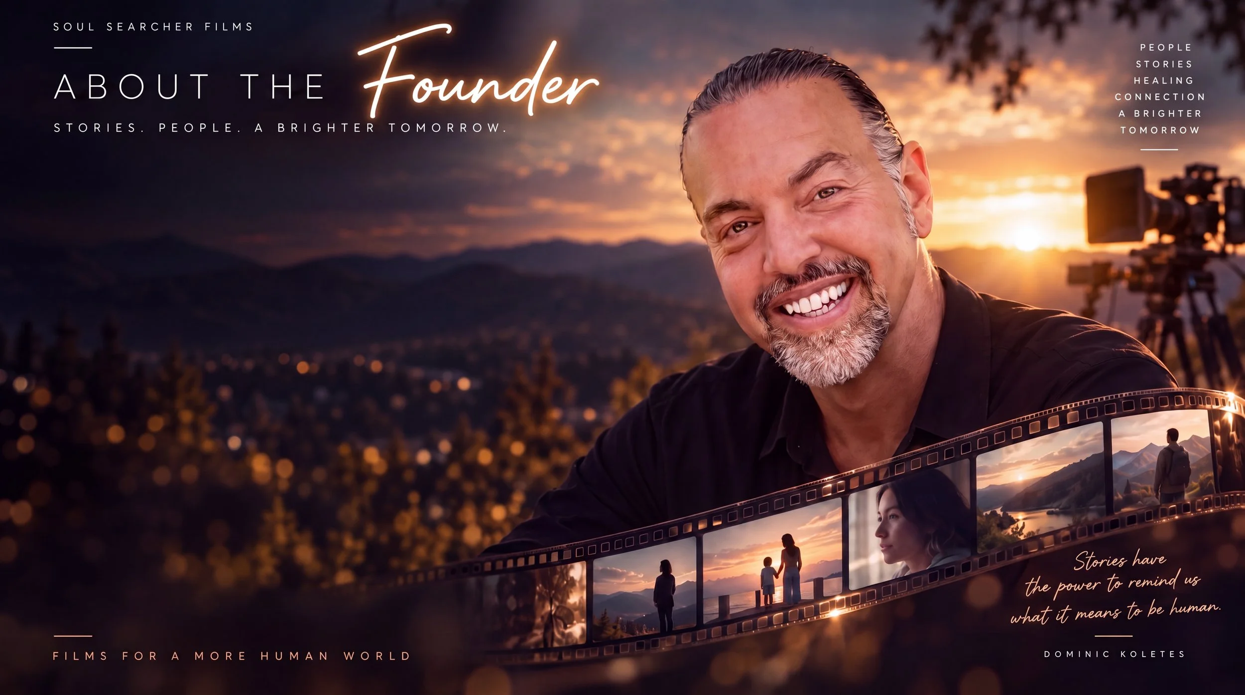 Promotional poster for a documentary film titled 'About the Founder' featuring a smiling man with gray hair and a beard, sunset background, film reel strip with scenes of a woman, a child, and a landscape, and text about stories, healing, connection, and humanity.