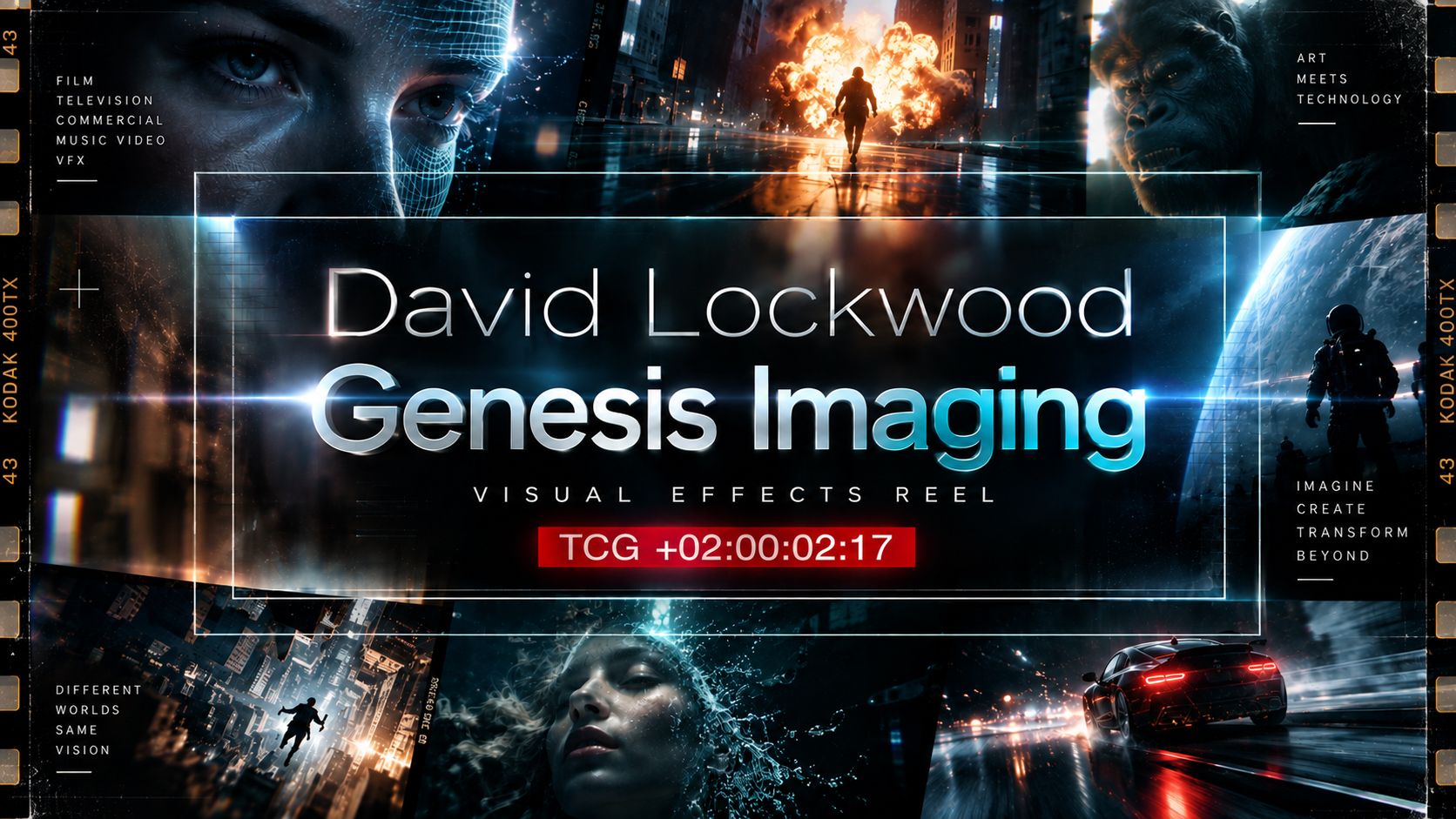 A promotional graphic for David Lockwood's Genesis Imaging visual effects reel. The background features futuristic scenes including a cityscape with an explosion, a person walking in a city street, a gorilla, an astronaut, a woman with a digital splash effect, and a sleek black sports car. The text highlights themes of film, television, commercial, music video, VFX, art, and technology, with commands to imagine, create, transform, and go beyond.