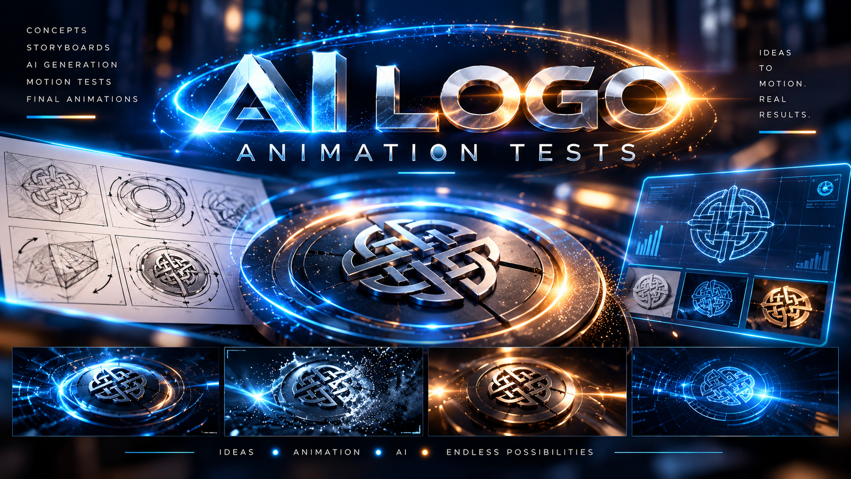 A digital graphic design showcasing logo animation tests, featuring a central metallic logo with glowing blue and orange accents, surrounded by blueprint sketches and screens with digital logo designs and data graphics.