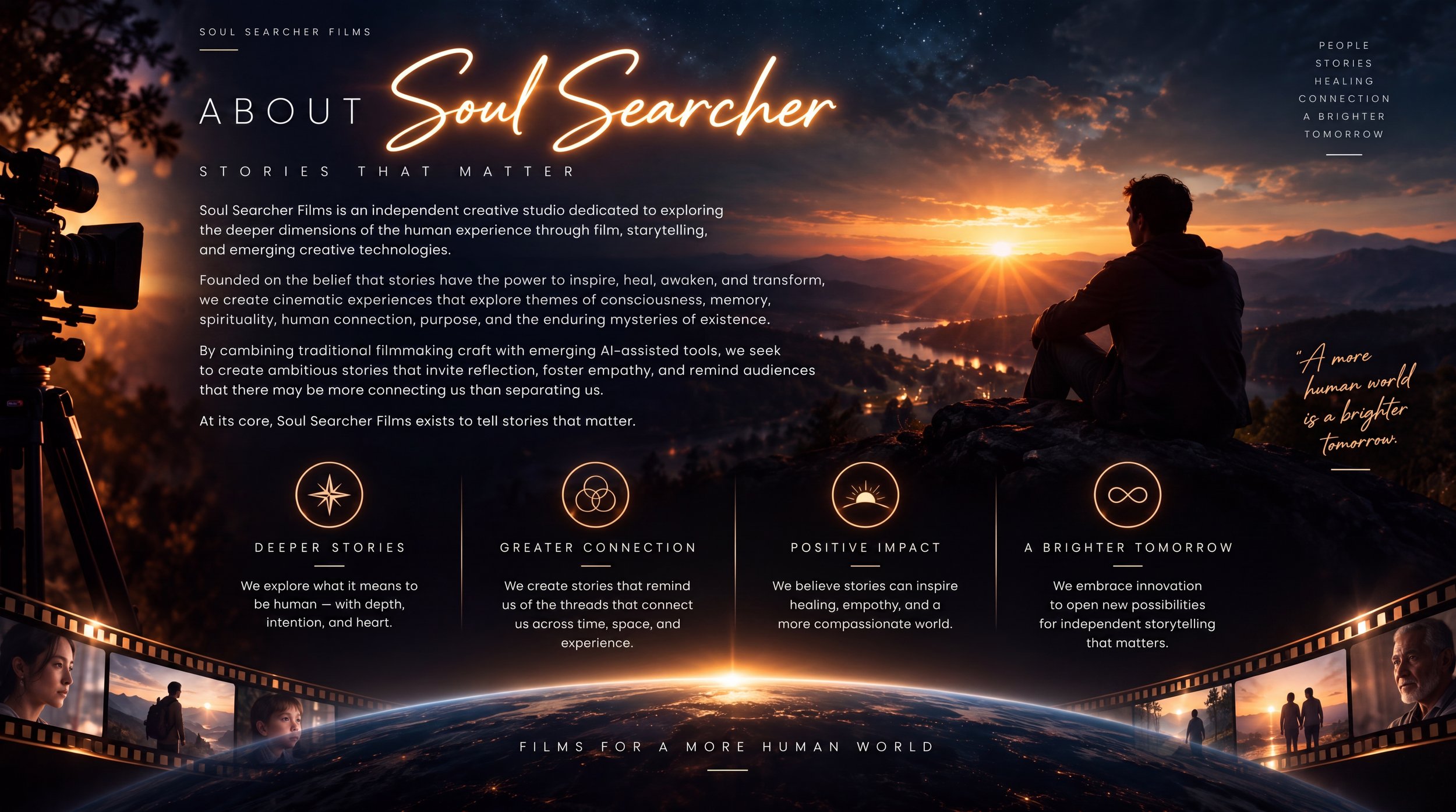 A sunset or sunrise scene with a man sitting on a hill, looking at the horizon, with mountains and a lake in the background. There is a professional film camera on a tripod on the left side of the image and overlaying text about Soul Searcher Films and their mission.