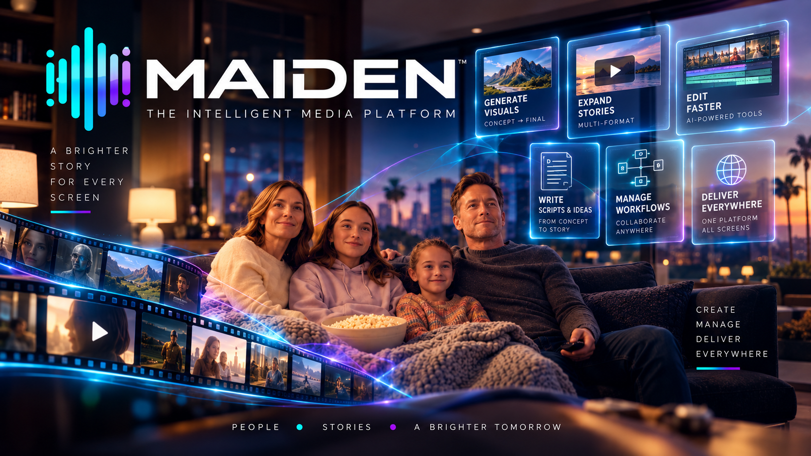 A family of four sitting on a couch, watching a movie or TV at sunset with city buildings and palm trees outside. Overlaid are glowing icons and text describing media production and editing features of Maiden, a media platform.