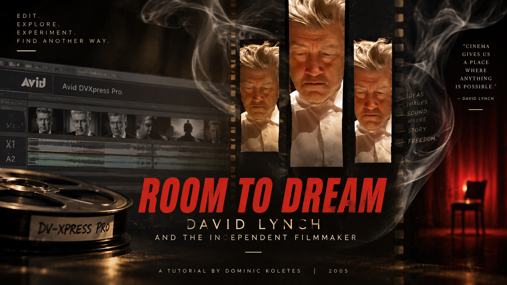 The image is a promotional poster for the film 'Room to Dream' by David Lynch. It features a scene with a man looking down thoughtfully, with his reflection repeated in vertical panels. The background includes film editing software, a film reel labeled 'DV-Xpress Pro,' and a red curtain with a single chair. There are quotes about cinema and creativity on the poster, and the text highlights that David Lynch is an independent filmmaker.
