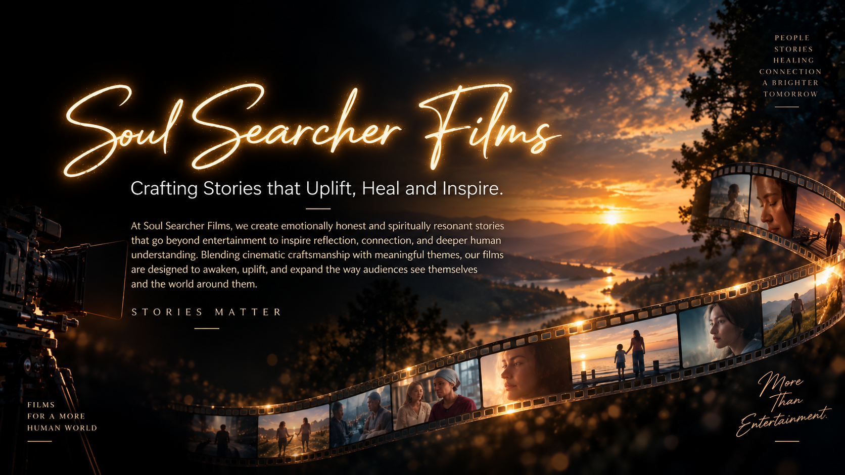 A promotional webpage for Soul Searcher Films featuring a sunset over mountains and a film strip with scenes of people, with a camera on the left and various text about storytelling and inspiring stories.