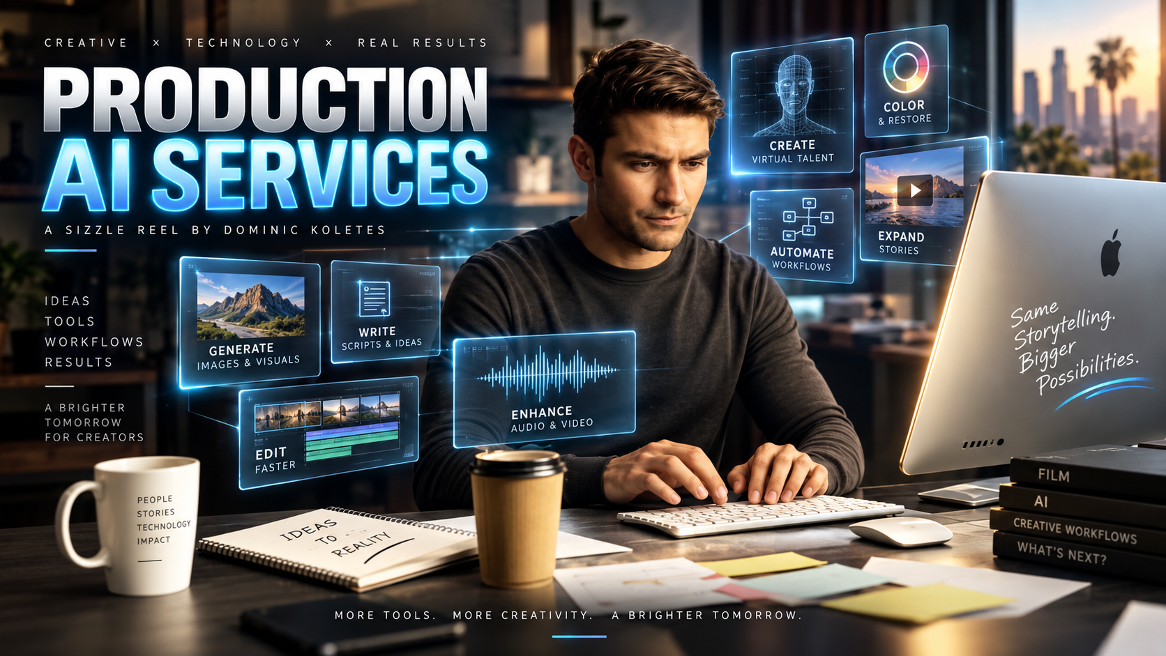 A man working on a computer desk with various digital graphics overlaid, promoting AI-driven production services like creating virtual talent, expanding stories, generating images and visuals, and enhancing audio and video, with a cityscape background at sunset.