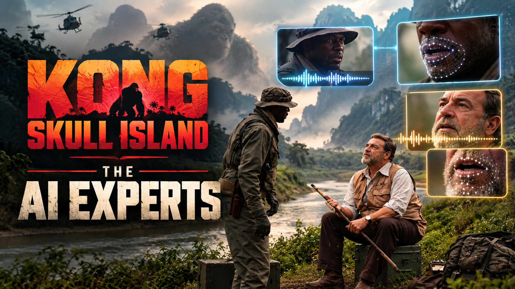 A promotional image for Kong Skull Island: The AI Experts. Two men dressed as explorers are in a jungle beside a river, with mountains and helicopters in the background. On the right, floating screens display close-up facial scans and speech waveforms of a man speaking.