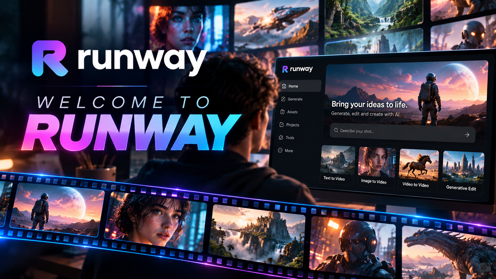 A digital promotional display for Runway AI featuring futuristic graphics, a person looking at a computer screen with space-themed images, and neon-lit filmstrip borders showcasing scenes of space, nature, and people in creative settings.