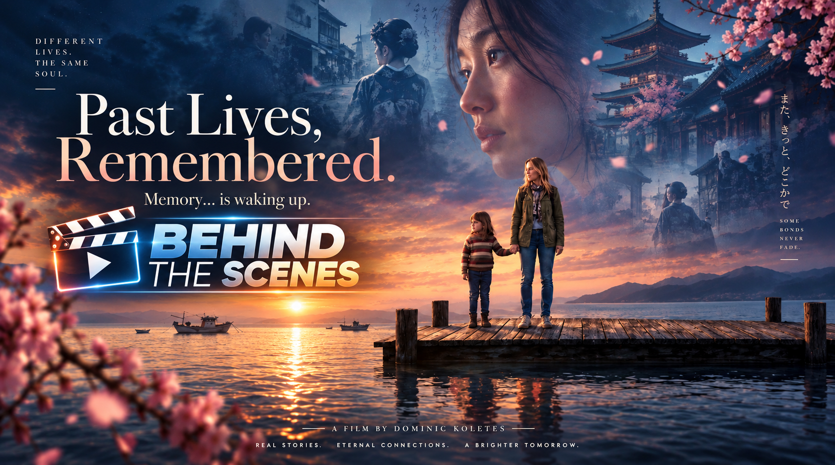 A promotional poster for the film "Behind the Scenes" featuring a sunset over water with boats, a woman and a girl holding hands on a wooden dock, and ghostly images of women in traditional Japanese clothing and cherry blossoms in the background, with text about memories and connections.