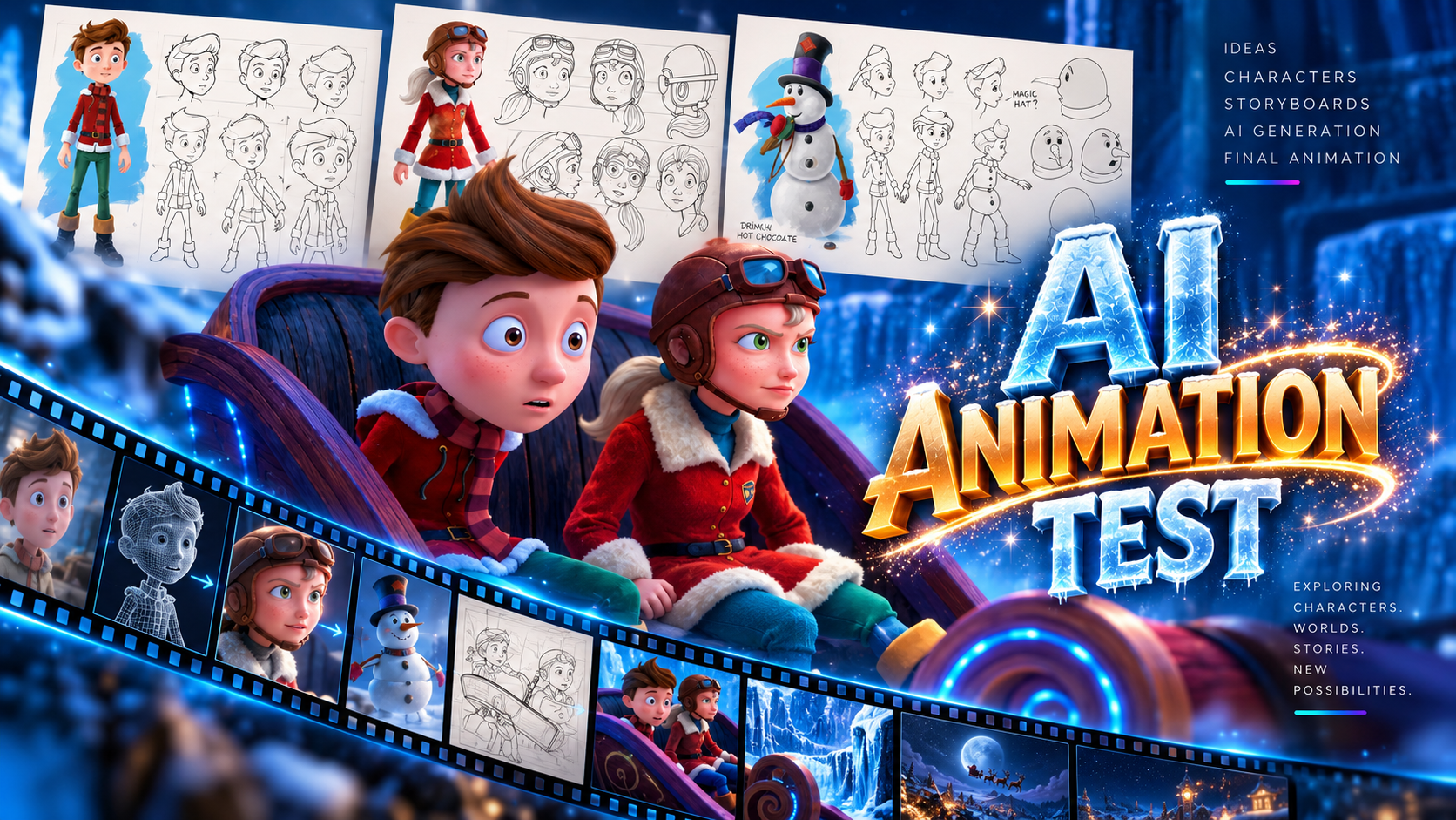 Promotional image for an AI animation test, featuring animated characters of a boy and a girl dressed in winter clothing, sitting on a sled in a snowy landscape. In the background, there are character sketches, 3D model references, and animation storyboards for a holiday-themed project. The text on the image reads 'AI Animation Test' and highlights exploring characters, worlds, stories, and new possibilities.