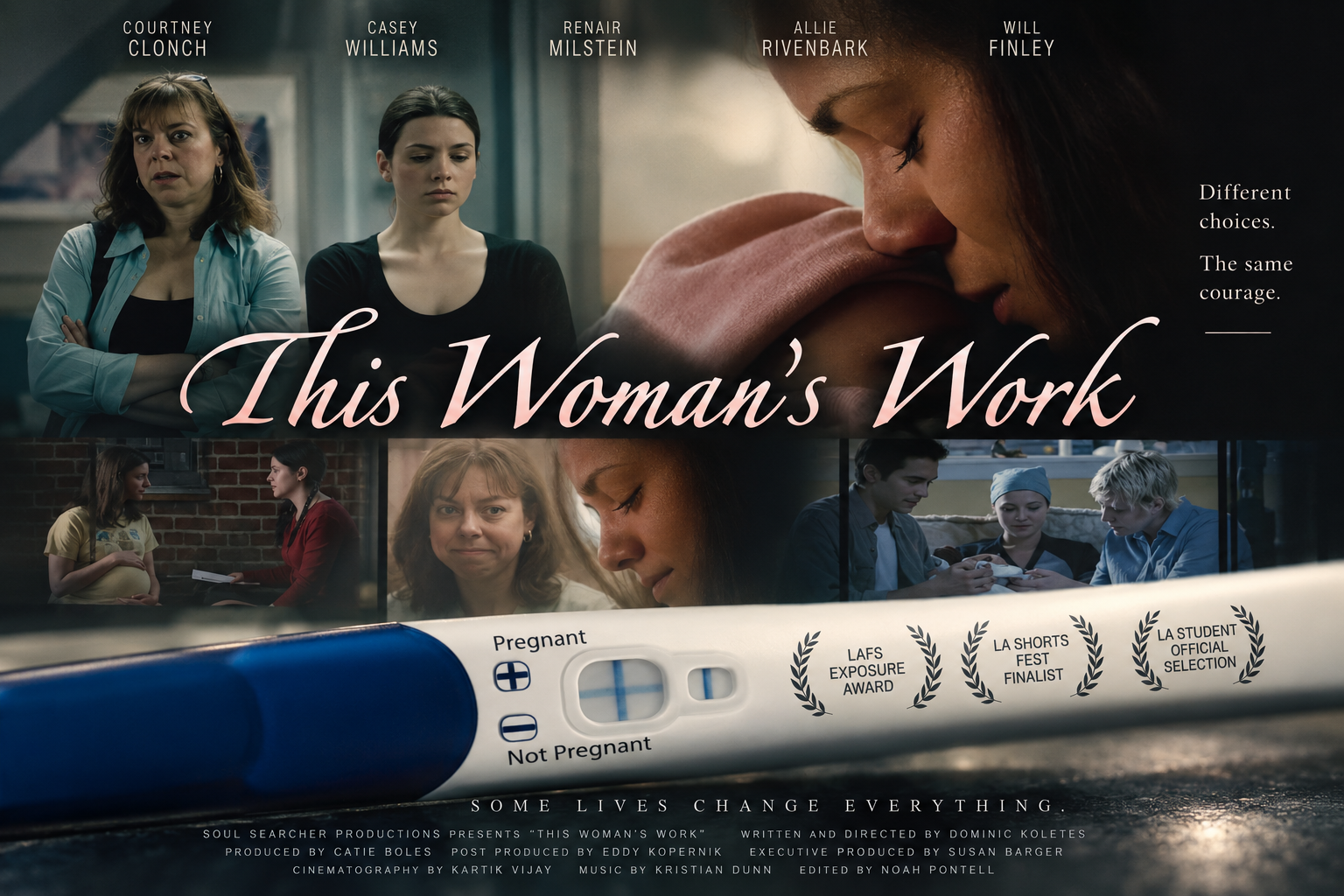 Poster for the film 'This Woman's Work' displaying five women with different expressions, a pregnancy test, and film awards, suggesting a story about pregnancy and life-changing decisions.
