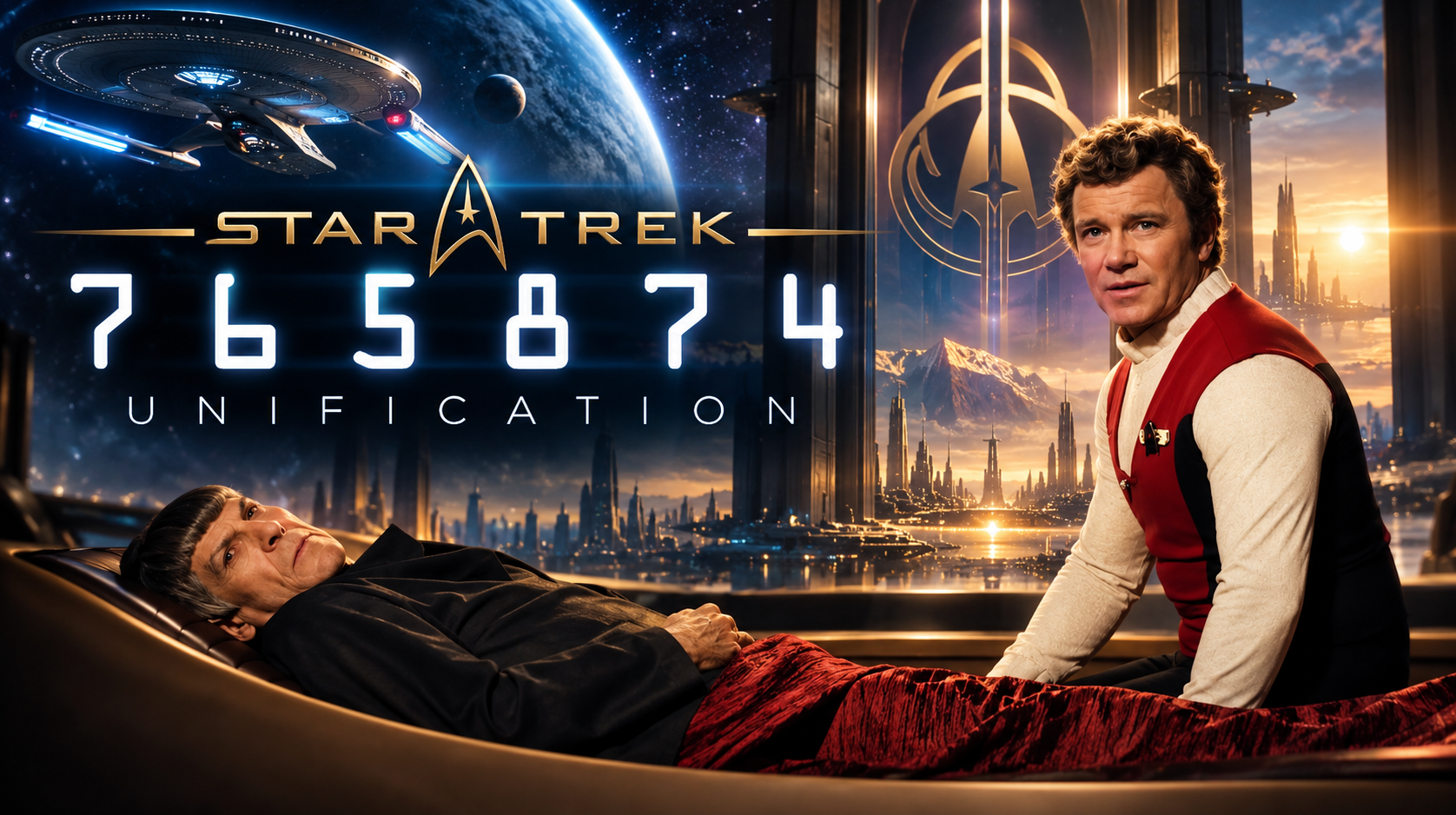 The image features characters from Star Trek: Unification. One character is lying in a futuristic bed, while another is kneeling beside, looking at the camera. The background shows a cityscape with tall buildings, a mountain, and a sunset sky, along with a spaceship and space scene with planets and stars.