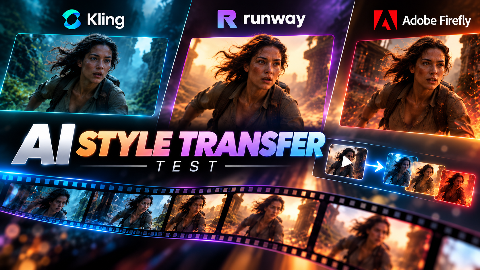 A promotional graphic for an AI style transfer test featuring a woman running through a forest scene, with different filters applied, including examples from Kling, Runway, and Adobe Firefly, with filmstrip and video editing icons.